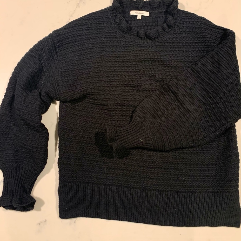 Madewell black medium sweater with horizontal embroidered detail and ruffle neck